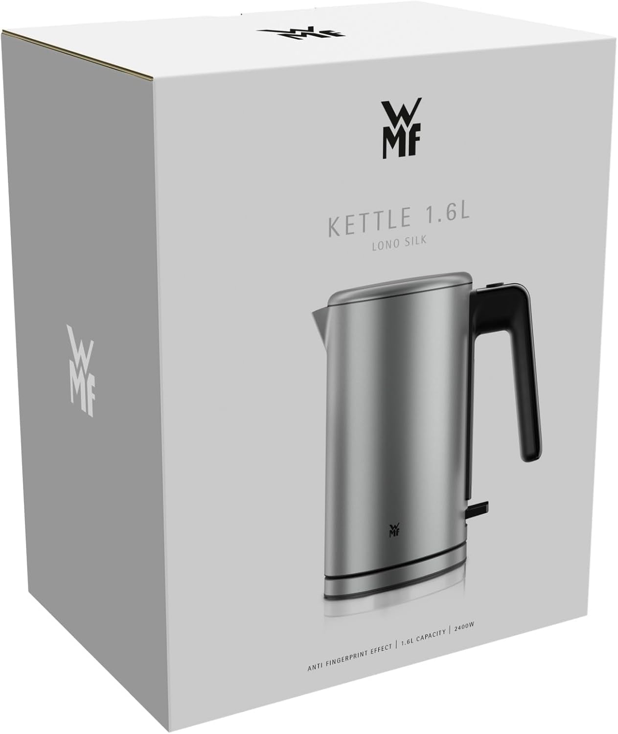 WMF Lono Silk Edelstahl Wasserkocher 1,6 L, kabelloser elektrischer Wasserkocher 2400 W mit Kalkfilter, 360°-Sockel, Anti-Fingerabdruck-Effekt, Einhand-Deckel & externer Wasserstandsanzeige 9