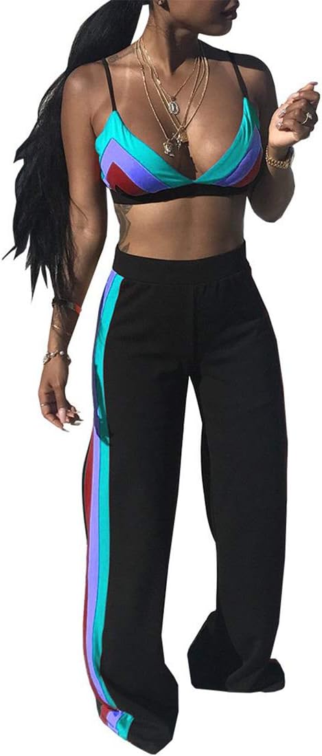 Dreamparis Women's Floral Print Patchwork 2 Pieces Outfits Spaghetti Strap Tank Crop Top + Striped Long Wide Leg Pants XX-Large Blue and Purple