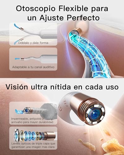 Bebird Limpiador de Oídos con Otoscopio Digital HD, Cámara Flexible, 6 Luces LED, IP67, Inalámbrico WiFi, Recargable, Kit de Limpieza de Cerumen Compatible con iOS y Android para Adultos Niños (Blanco)