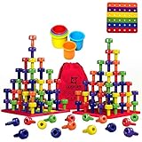 Stacking Peg Board Toy Set | Jumbo Pack | Montessori Occupational Therapy Fine Motor Skills for Toddlers and Preschooler, 60 Pegs & Board | 3 Free Bonuses, 6 Stacking Cups, Colorful Board, Carry Bag