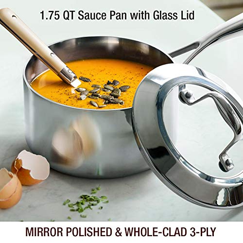 HOMI CHEF Mirror Polished NICKEL FREE Stainless Steel 1.75 QT(Quart) Sauce Pan with Glass Lid (No Toxic Non Stick Coating, Whole-Clad 3-Ply) Soup Pot Small Cooking Pot