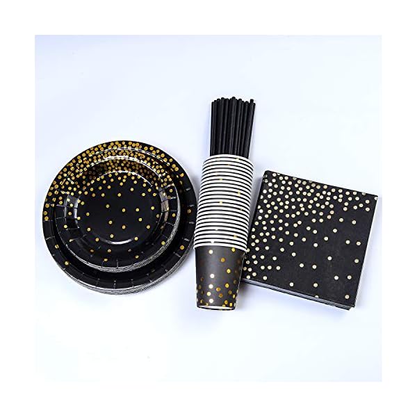 ANECO 146 pieces Black With Gold Foil Party Supplies Disposable Party Tableware Set for Graduation, Party, for 24 Guests