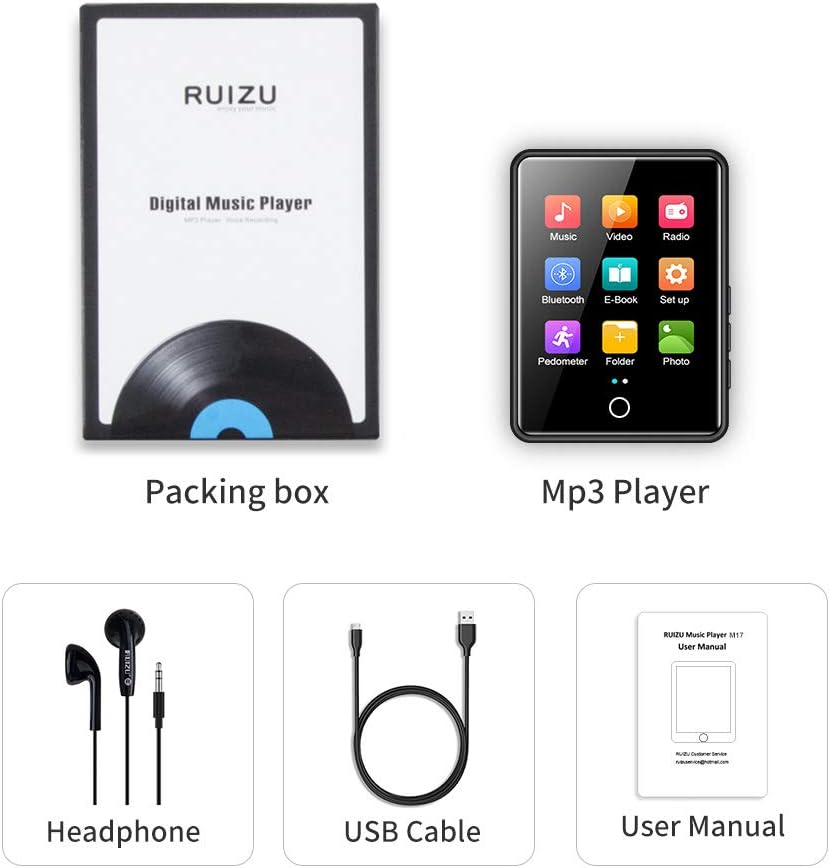RUIZU Mp3 Player with Bluetooth 5.0, 16GB Music Player with FM Radio, Built-in Speaker, Touch Screen HiFi Sound Bluetooth Mp3 Player, Voice Recorder, E-Book, Supports up to 128 GB Micro SD Card Black: Home Audio & Theater