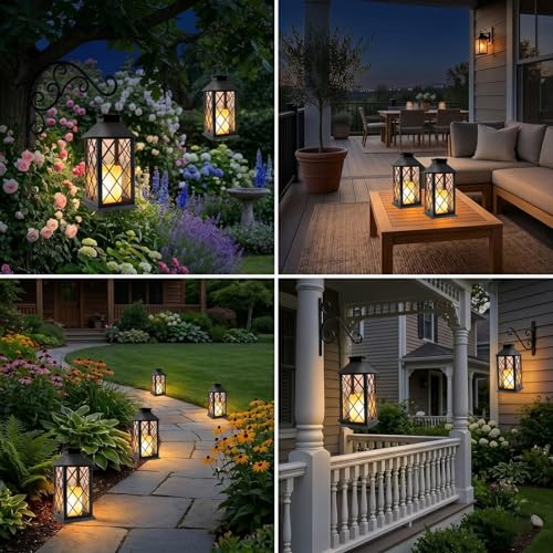 Yowin Lanterne da Esterno 2 Pezzi Lanterna Solare da Giardino con Candele Tremolante, Lampada da Appendere Impermeabile Lampade da Tavolo per Arredo Giardino Terrazzo Balconi Decorazioni - Nero