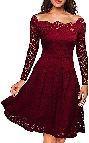 CZGBT Women's Vintage Floral Lace Long Sleeve Dress Business Cocktail (XXL, Red)