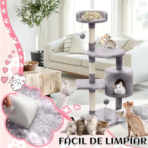 KongJies Torre para Gatos, Árbol para Gatos con Poste Rascador, 4 Niveles Castillo para Gato con 3 Plataforma Acolchada y Pompón, para Gatos Pequeños Medios (Gris Claro)