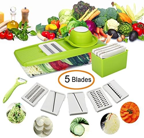 Mandoline Slicer Ajustable, Vegetable Grater Slicer Chopper Dicer Cutter with 5 Thickness Stainless Steel Blades and Food Container and Safety Hand Holder for Cucumber, Onion, Cheese