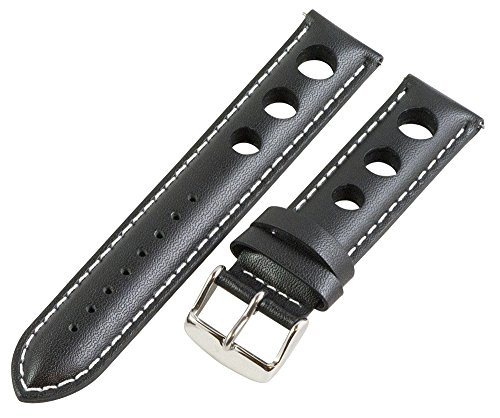 20mm Rally 3-hole Smooth Black / White Leather Interchangeable Replacement Watch Band Strap