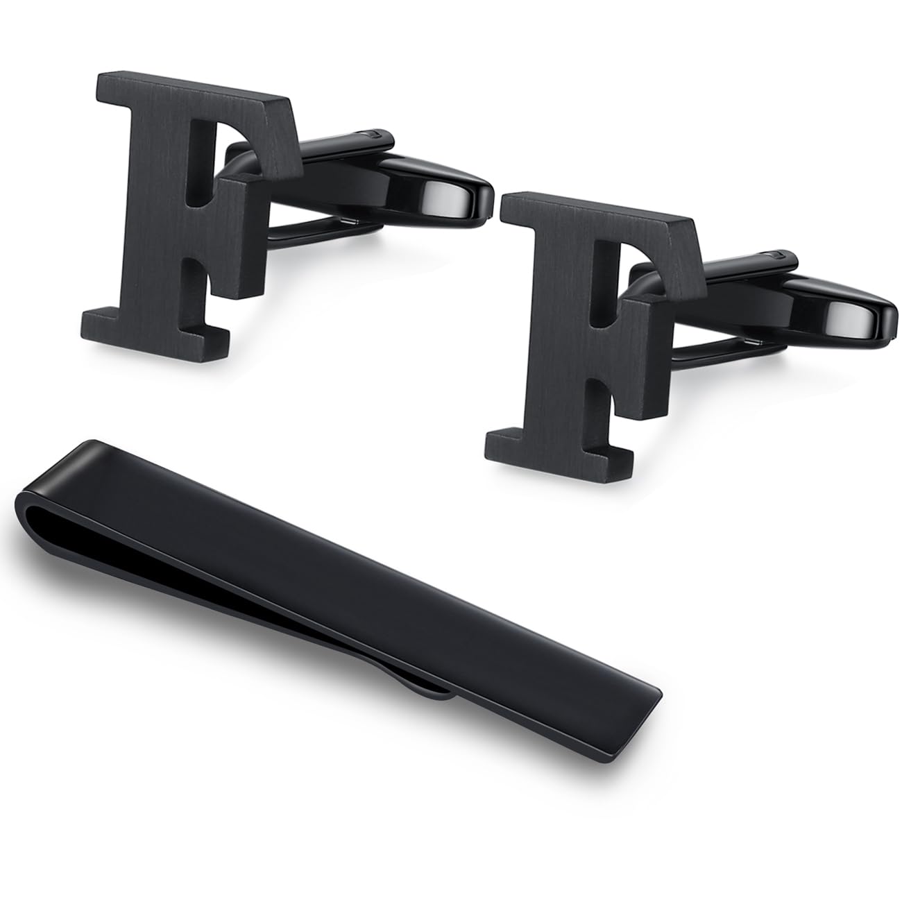 Honey Bear Initial Alphabet Letter Cufflinks Tie Clip Set for Mens - Black Stainless Steel, for Business Wedding Gift A - Z (F)