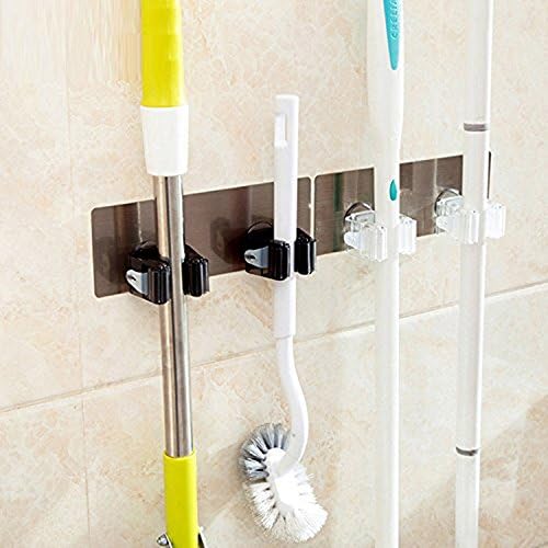 Flytaker Bathroom Mop Broom Holder Organizer Wall Mounted Strong Magic Sticky Hanger with 2 Position Pack of 2 (White &amp; Black)
