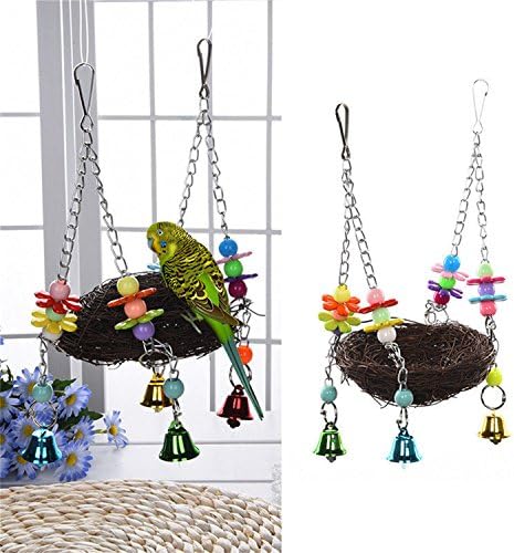 DEHEOBI Natural Rattan Birds Parrot Nest Swing Hanging Climbing Chew Toy With Acrylic Bells Cage Perch Stand Nest Bite Straw Toys