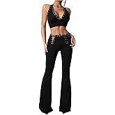 MakeMeChic Women's 2 Piece Concert Rave Outfits Grunge Halter Top and Flared Leg Pants Y2K Matching Set
