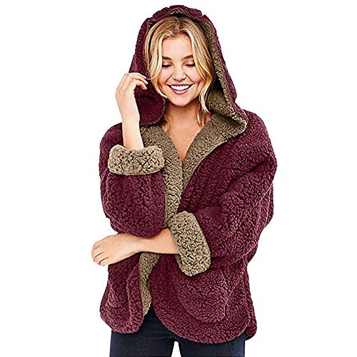 Sanyyanlsy Women's Casual Fleece Fuzzy Faux Shearling Warm Winter Oversize Reversible Hoodie Coat Thermal Cardigan Tops Wine Red