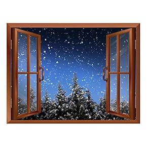 Quiet Christmas Eve with Snow and Pine Trees Out of The Window - Peel and Stick Self-Adhesive Removable Window View Wall Sticker/Wall Mural - 24"x32"