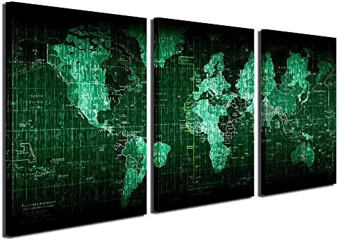 Gardenia Art World Map Series 4 Canvas Prints Wall Art Paintings Modern Green Digital Map Wall Artworks Pictures for Room Decoration, 16x24 inch/piece, 3 Panels