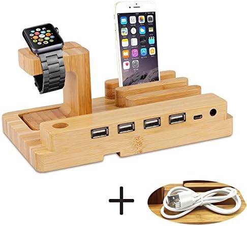 iPhone Apple Watch &amp; Smart Phones USB Charging Station Cradle Stand Dock, Bamboo Desktop Tablet Holder With 4 Ports USB HUB Charger Organizer for Tablet iPhone Samsung Galaxy Android &amp; Smartphones