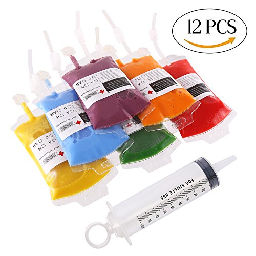 DECORA 12 Pack Reusable Blood Bag Drink IV Bag Container Halloween Party Cups with Fast Filling Syringe for 