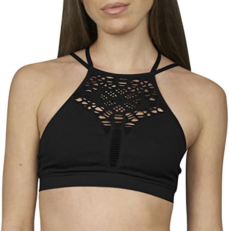 Women's Stretch Seamless Comfort High Neck Strappy Cutout Brami Bra Crop Top (M/L, Black)