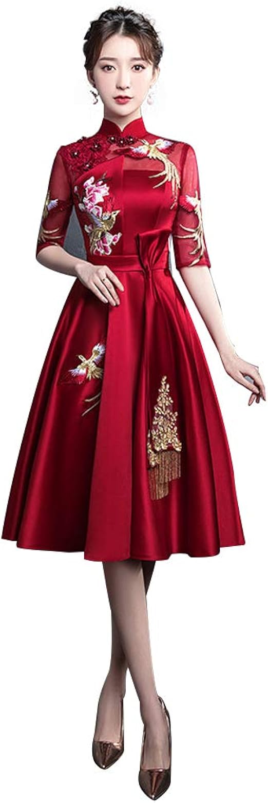 Amazon チャイナドレス風 ブライダルドレス 結婚式ワンピース 赤 イブニングドレス ひざ丈 レッド ショートパーティドレス 花嫁 二次会 ドレス パーティードレス 通販