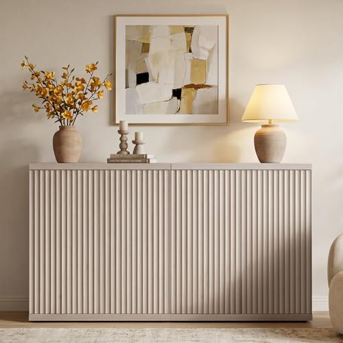 SICOTAS - Buffet Cabinet with Storage Sideboard, Modern Credenza with Doors and Shelves, Fluted Media Console Mid-Century Coffee Table, for Living Room, Kitchen, Dining Room