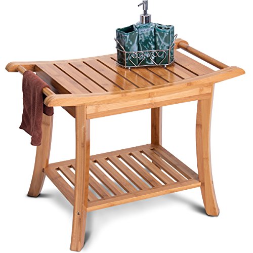 Giantex 24" Bamboo Bathroom Shower Bench with Storage Shelf Wood Indoor Bathing Bench Spa Bath Seat Bench Stool Modern Outdoor Waterproof Shower Bench