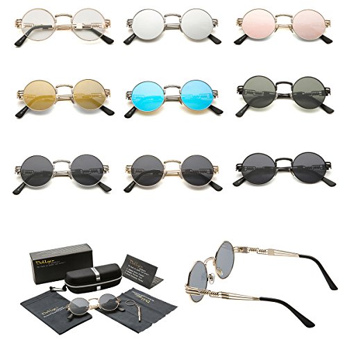 Dollger John Lennon Round Sunglasses Steampunk Metal Spring Frame Mirror Lens (Black Lens/Gold Frame, 100% UV Protection)