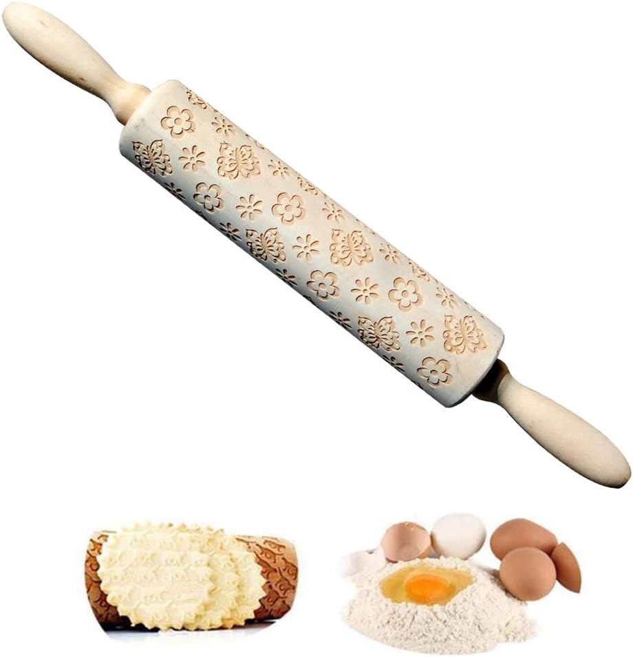 Embossing Rolling Pin, DesignerBox Easter Symbol Patterns Wooden Engraved Embossing Rolling Pin Baking Roll for DIY Baking Cookies Fondant Pastry Cake (Butterflies and Flowers)