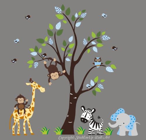 Baby Nursery Wall Decals Safari Jungle Children's Themed 85" X 84" (Inches) Animals Wildlife Made of Wall Fabric Material Repositional Removable Reusable Wall Decals