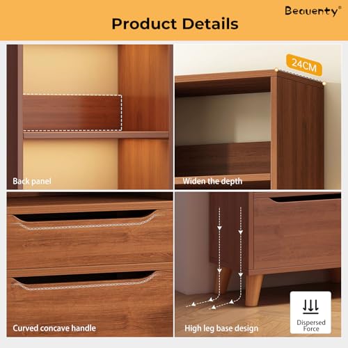 Beauenty Display Book Shelf, Floor Standing Bookcase Storage Unit, 3-Tier Open Shelf with 1 Drawer and 1 Door Cabinet, Wooden Storage Rack for Living Room, Home Office (Walnut)