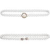 CABODYALS 2Pcs Pearl Elastic Waist Belt White Adjustable Stretch Bow Bead Crystal Rhinestone Bridal Bridesmaid Sash Fashion Waistband Chains Belts for Women Wedding Party Prom Dress Accessories Gift