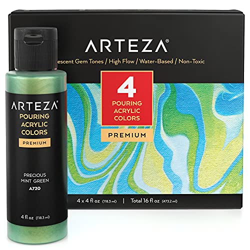 ARTEZA Iridescent Acrylic Paint, Set of 4, Gem Tones, 4 fl oz Bottles