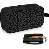 WOBAGMEN Double Layer Pencil Case with Handle Large Pencil Bag Cute Print Pencil Pouch for Boys Girls (Black Leopard)