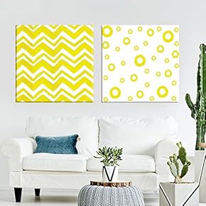 2 Panel Square Canvas Wall Art - Abstract Yellow Chevron and Circle Patterns - Giclee Print Gallery Wrap Modern Home Art Ready to Hang - 12"x12" x 2 Panels
