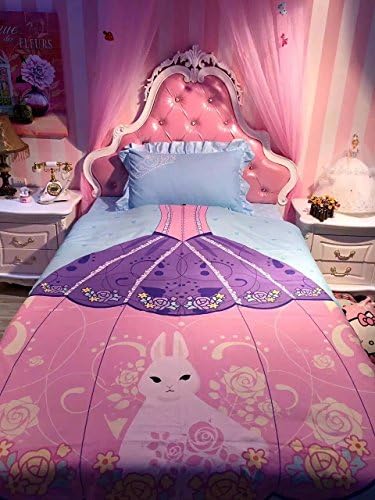 Sisbay Sissi Princess Flower Bedding Twin Size for Kids,Happy Girls Pink Purple Fairy Tale Duvet Cover,Blue Heart Bed Sheet Birthday Gift,3pcs