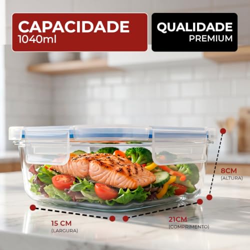 Kit 4 Potes de Vidro Herméticos 1040ml com Tampa Silicone Azul | Marmita Fitness, Meal Prep, Conservação de Alimentos e Organização de Cozinha