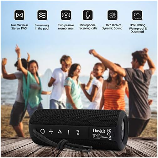 DAYKIT Waterproof Portable Bluetooth Speaker with Crystal Clear Stereo Sound, Rich Bass, 66 ft Wireless Range, Built-in Mic, IPX6, for Home, Shower, Travel, Outdoor Speaker -Black - Image 8