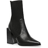 Lvemas Womens Chunky Stacked Heel Ankle Boots Pointed Toe Booties Slip On Ribbed Knit Sock Boot