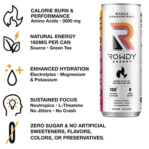 Rowdy Energy Drink Power Burn, Mango Dragonfruit, Sugar Free, 12 Fl Oz For Performance