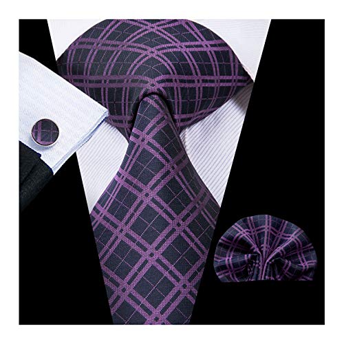 Hi-Tie Classic Checkereds Purple Black Mens Tie for Wedding Pocket Square Cufflinks Set