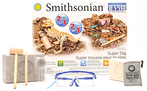 Smithsonian Super Dig - 2 Kits in 1. Includes Replica T-Rex Skeleton and 11 different Minerals and Gemstones.