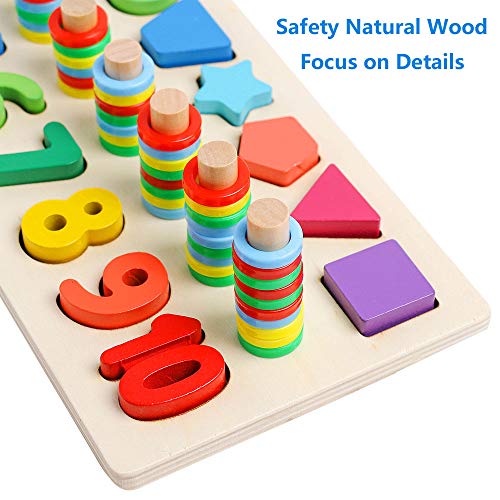 JCREN Wooden Blocks Puzzle Board Set for Tooddler Color Shape Sorting Number Counting Puzzle Blocks Math Stacking Early Development Toys Gift Montessori Toys for Preschool Kids