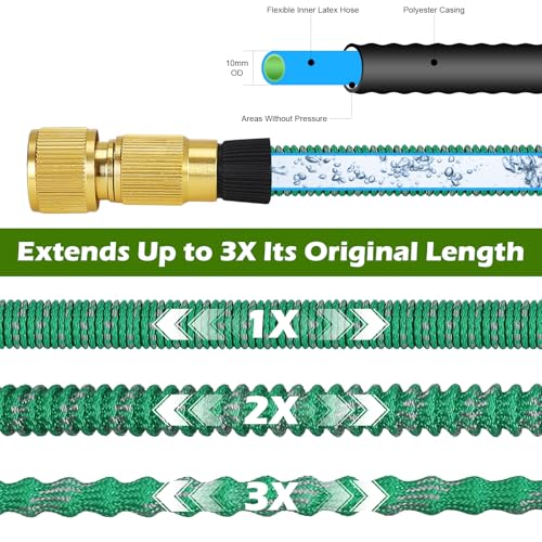 Expandable Garden Hose with 10-Pattern Spray Nozzle | 3-Layer Latex Flexible Water Hose Heavy Duty | 3/4" & 1/2" Solid Brass Connectors Leak-Proof | No-Kink Lightweight Retractable Hose (100FT/30M)