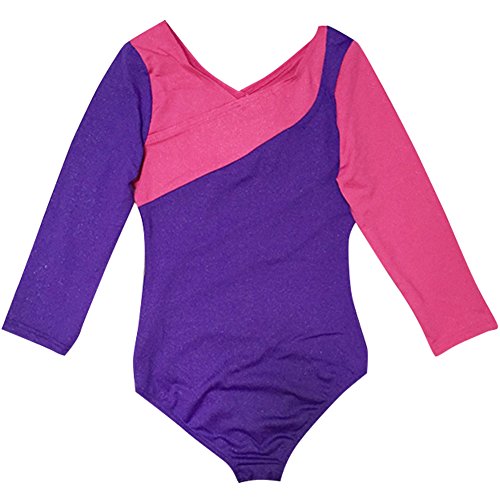 Toddler Girls One-piece Sparkle Stripes Gymnastics Athletic Leotard,Long Sleeve Colorful Ribbons Pink Leotard, Purple 5
