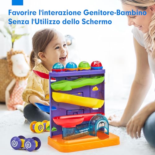 hahaland Children's Games 1 Year Male – Ball Toy 2 in 1 and Ramp for Car Track Educational Toys Montessori with Hammer/4 Balls/4 Cars, Gifts for 1 2 3 Years Old Children