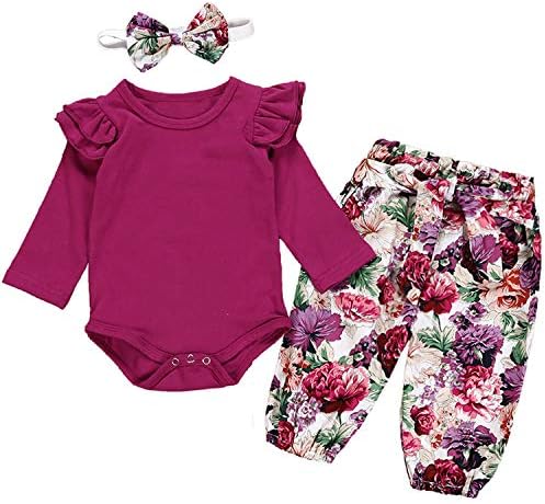 MAMOWEAR 3Pcs Newborn Baby Girls Clothes Ruffle Long Sleeve Romper + Flower Pants + Headband Outfit Set