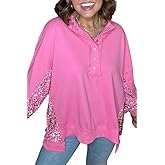 Chvity Sweatshirts for Women Sequin Patchwork High Low Hem Henley Oversize Soft Casual 2025 Fall Sweatshirt