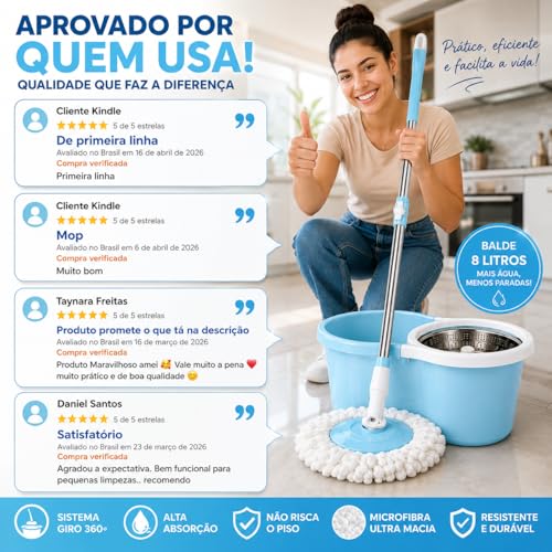 Mop Giratório com Balde e Centrífuga 360 com Cesto em Inox, 8 Litros, Sistema Lava e Seca, Eficiência e Durabilidade na Limpeza Diária de Todos os Tipos de Piso Para sua Casa