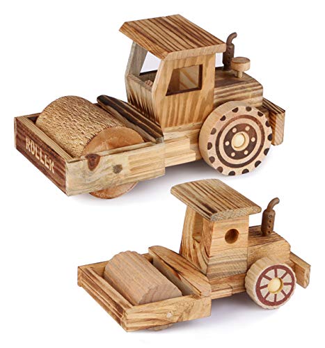 Dedoot Wooden Road Roller Model Decor 2 Pcs Wood Road Roller Construction Steamroller Truck Construction Vehicle Rollers for Gift Home Decor Tabletop Ornament - Thumbnail 7