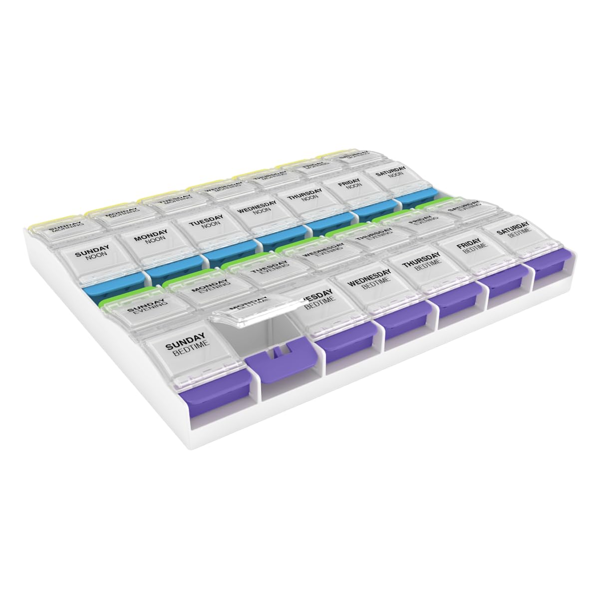 Ezy Dose Weekly (7-Day) Pill Case, Medicine Planner, Vitamin Organizer Box, 3X-Large Push Button Compartments, 4 Times a Day, Clear Lids, BPA Free