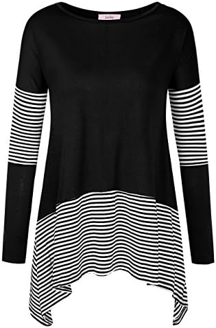 Jubby Women's Striped A Line Long Sleeve Round Neck Flared Swing Tunic Top Medium Black